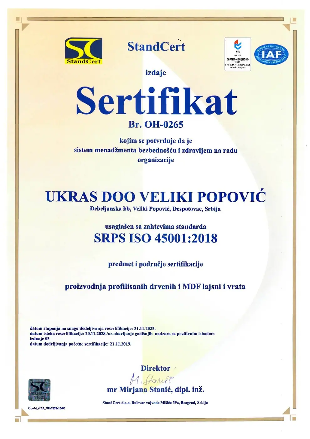 Sertifikat SRPS ISO 45001:2018