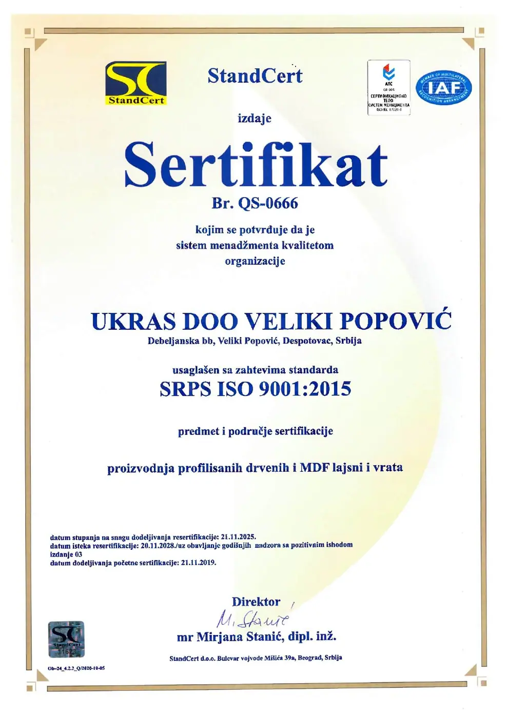 Sertifikat SRPS ISO 9001:2015